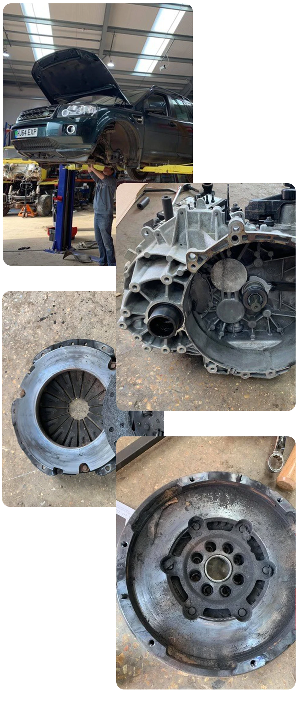 Comprehensive clutch replacement for a Land Rover Freelander at AJ 4X4 , including detailed views of the clutch components.