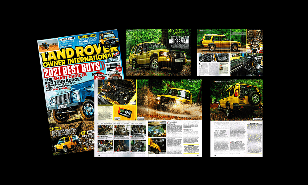 Land Rover magazine feature showcasing Land Rover models and their capabilities, highlighted by AJ 4X4 