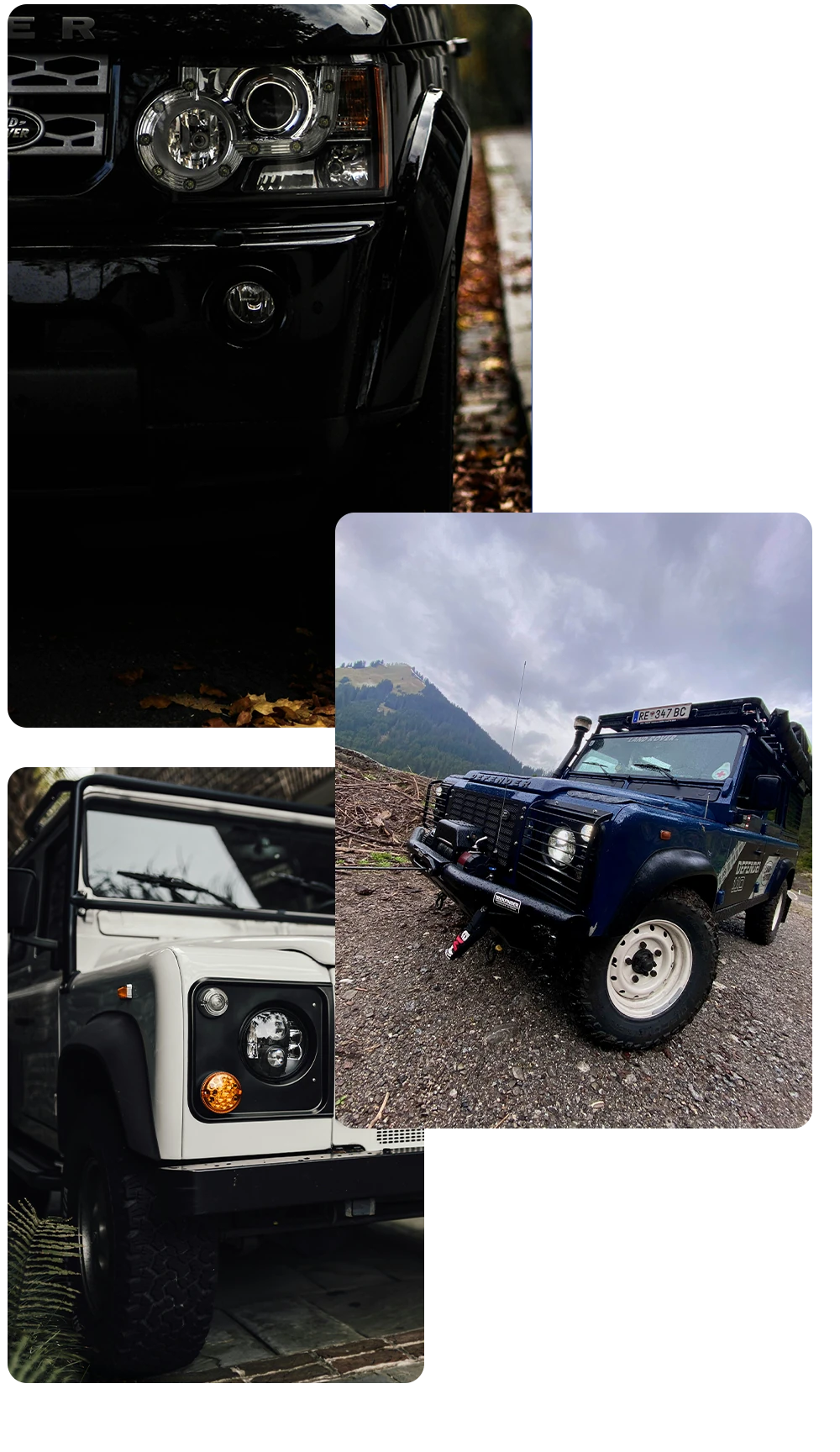 Various Land Rover models in different settings serviced by AJ 4X4 