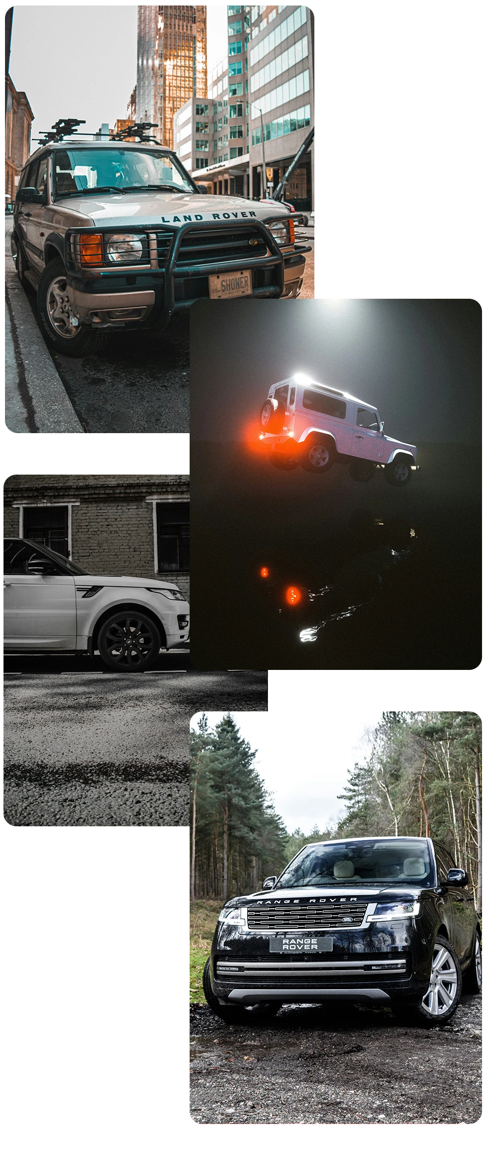 Various Land Rover and Range Rover models in different settings serviced by AJ 4X4 