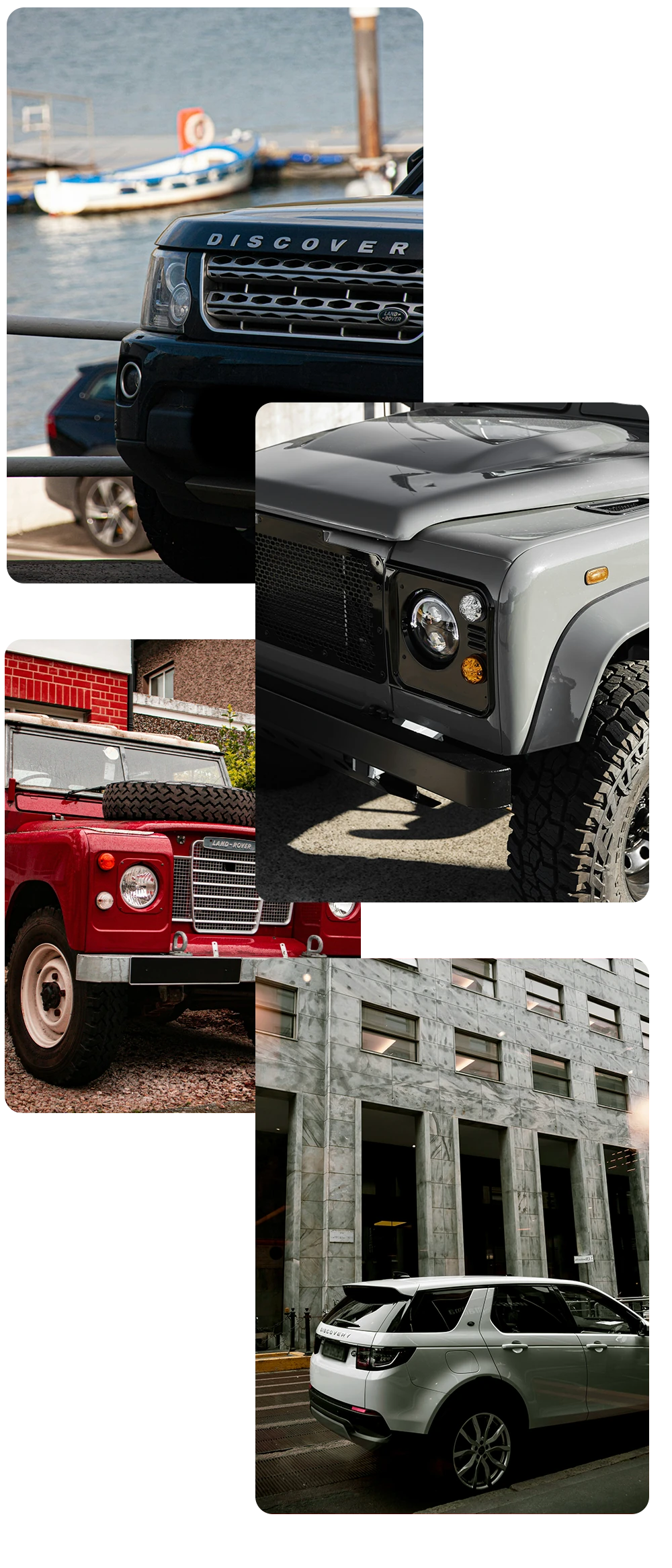 Various Land Rover models in different settings serviced by AJ 4X4 