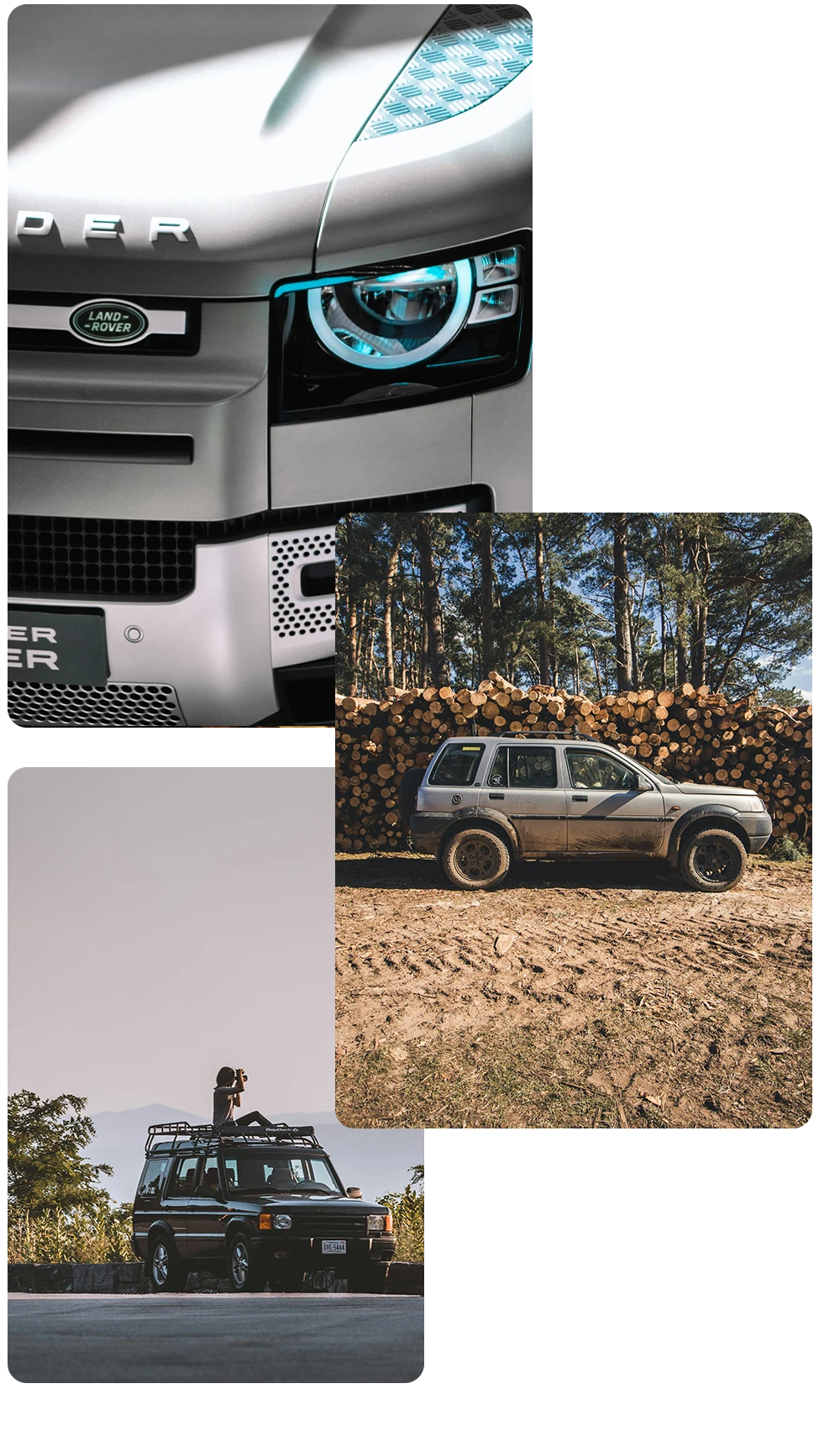 Various Land Rover models in diverse environments serviced by AJ 4X4 